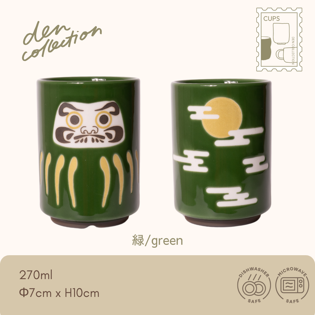 Daruma Spirit Tea Cup in green – Japanese yunomi with traditional daruma motif for perseverance and good fortune. Porcelain, microwave and dishwasher safe. / 緑色のだるま柄湯呑み。努力と幸福を招く縁起の良いデザイン。磁器製・電子レンジ・食洗機使用可。