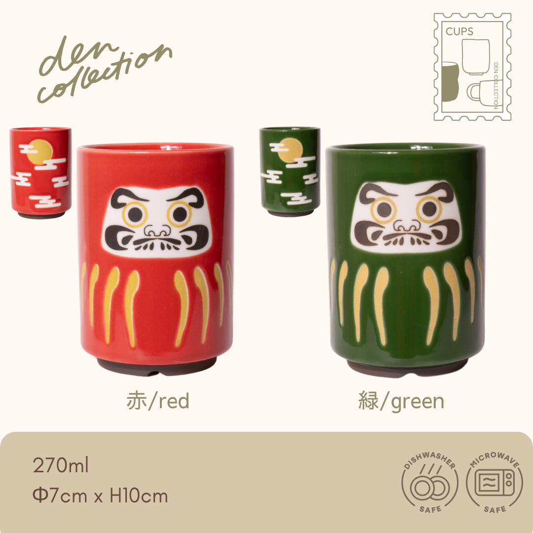 Daruma Spirit Tea Cups – Japanese yunomi in red and green featuring traditional daruma doll design, symbolizing perseverance and good fortune. Porcelain, microwave and dishwasher safe. / 縁起の良いだるま柄の赤・緑 湯呑み。努力と運を象徴する日本の伝統モチーフ。電子レンジ・食洗機対応の磁器製。