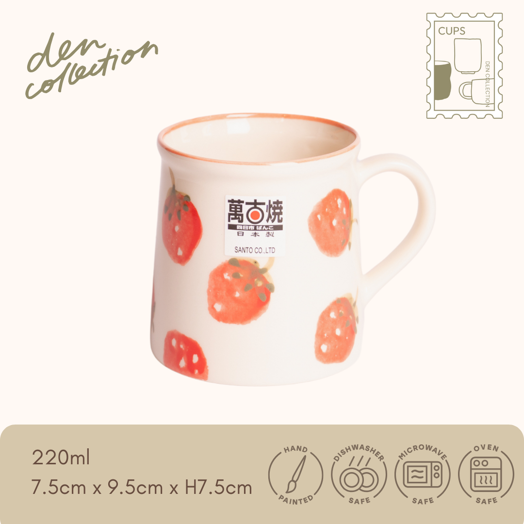 Hand-painted Fruity Basket mug with strawberry motifs, adding a delightful pop of color and charm. / いちごのモチーフが可愛く映える、職人の手描きが光るFruity Basketマグカップ(いちご)。