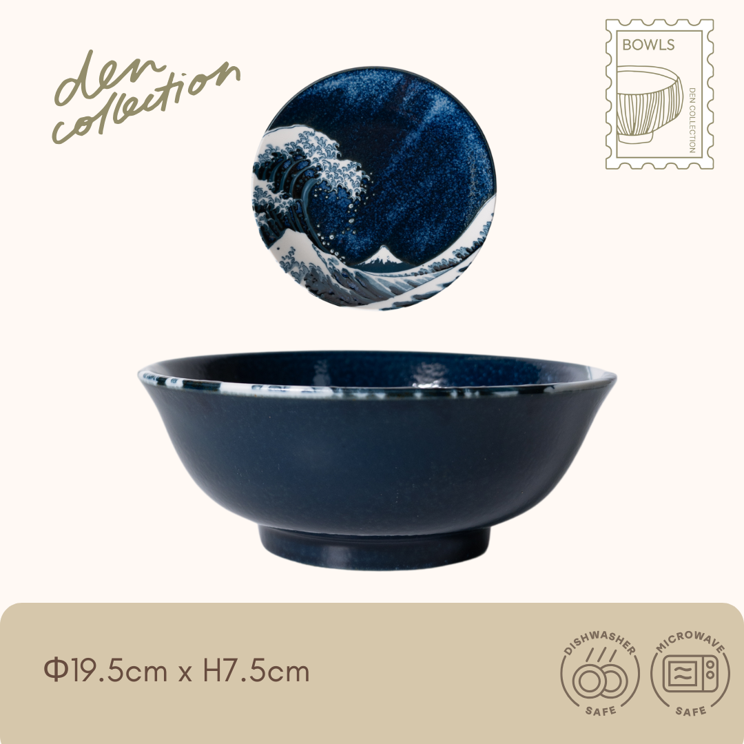 The Great Wave Ramen Bowl in blue – Japanese noodle bowl inspired by Hokusai’s wave and Mt. Fuji. Perfect for ramen, udon, and hearty meals.  
神奈川沖浪裏ラーメン丼(窯変紺)。北斎の波と富士山を描いたラーメン鉢。ラーメンやうどんなど多用途に使える和の大鉢。