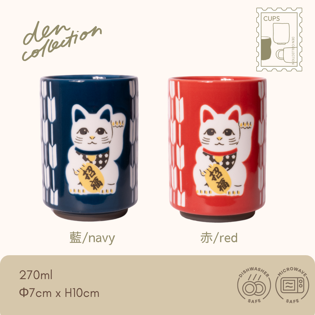 Lucky Cat Tea Cups – Traditional Japanese yunomi in red and navy with charming maneki-neko design symbolizing good fortune and prosperity. Made of porcelain and microwave/dishwasher safe. / 赤と藍の縁起の良い招き猫デザインが描かれた日本製湯呑み。開運・招福に最適で、電子レンジ・食洗機対応。