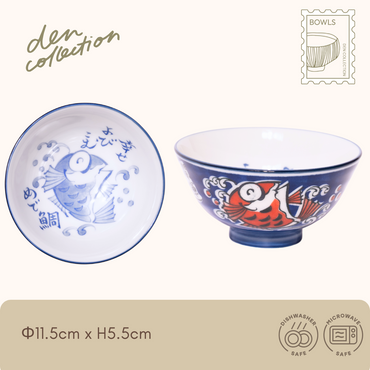 Medetai Rice Bowl – Navy blue Mino ware porcelain bowl featuring a hand-painted red sea bream (tai) using the icchin technique. Symbolizes good fortune and celebration. めで鯛茶碗(紺)– 美濃焼の磁器製ご飯茶碗。いっちん技法で描かれた赤い鯛の絵柄が縁起の良さを表現しています。