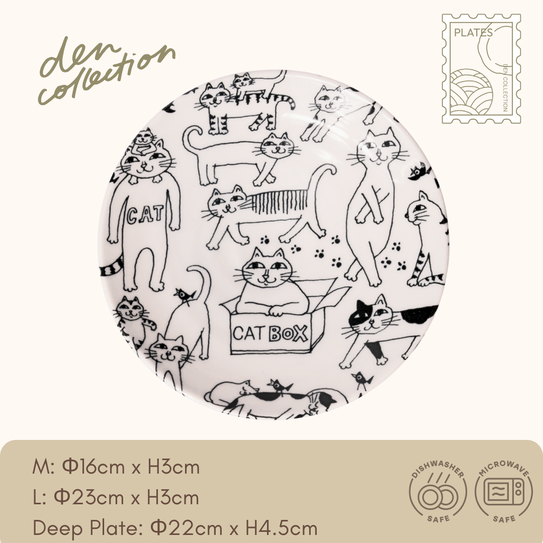 Meownderful Plate, round ceramic plate featuring a variety of playful and poised cat illustrations in black and white / ミャウンダフルプレート モノトーンで描かれたさまざまな表情のネコたちが並ぶ丸い陶器のプレート