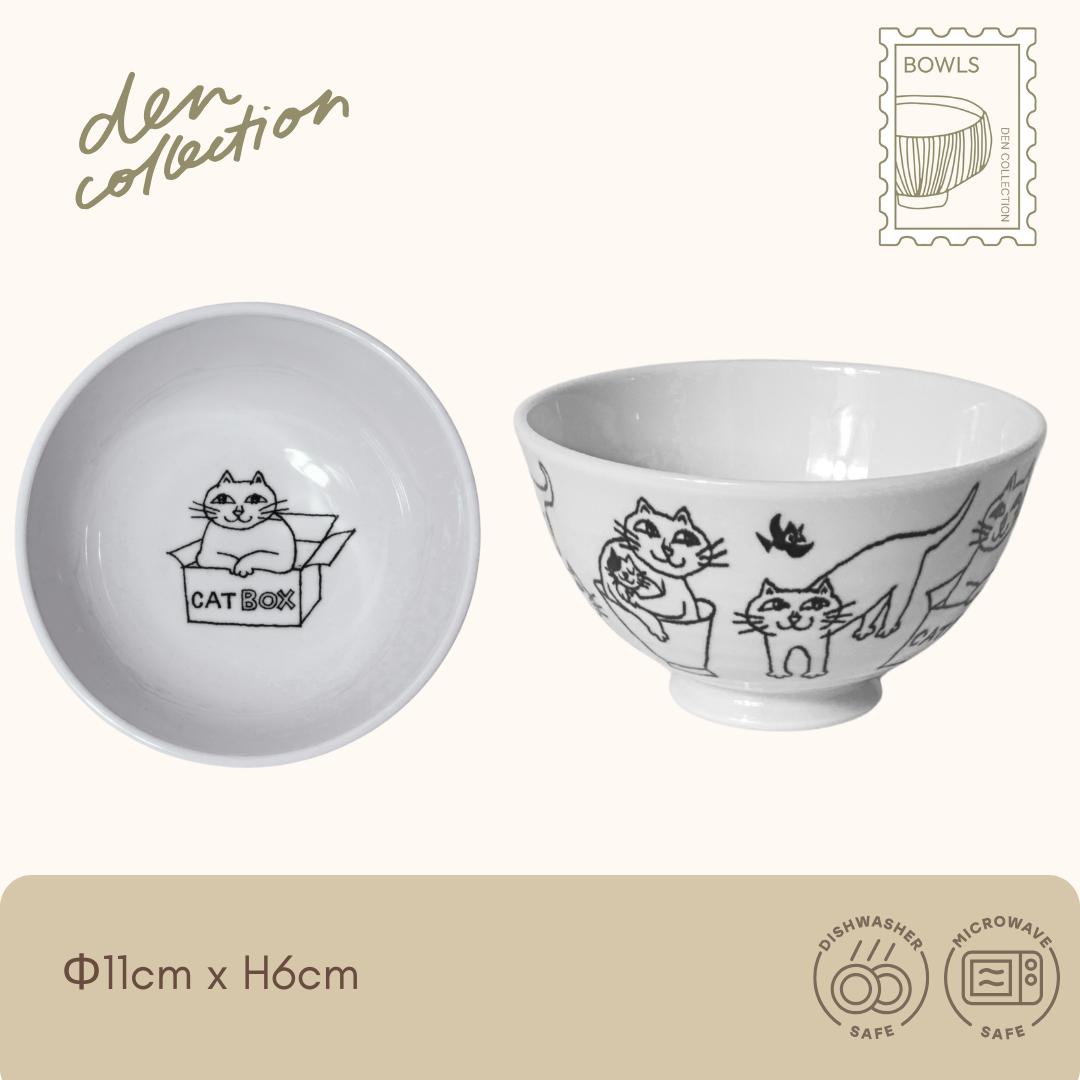 Meownderful Rice Bowl, ceramic bowl with black and white cat illustrations outside and a cat-in-box design inside / ミャウンダフル茶碗 外側にネコの線画、内側に箱入りネコが描かれたモノトーンの陶器茶碗