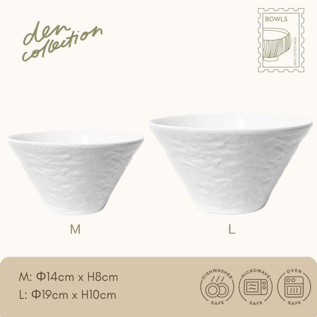 Noir Slate Bowl in white – deep bowl with a soft matte texture and minimalist cone shape, perfect for modern dining. スレート調の白い深ボウル。やさしいマット質感とすっきりとしたフォルムで現代食卓に映える器。