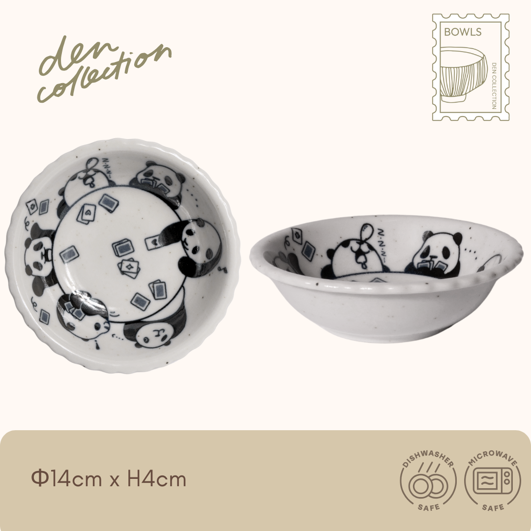 Panda Minmin Bowl – Game Night, ceramic bowl with pandas playing cards and napping around the rim / パンダのミンミンボウル ゲームナイト トランプ遊びやうたた寝を楽しむパンダたちが描かれた陶器のボウル