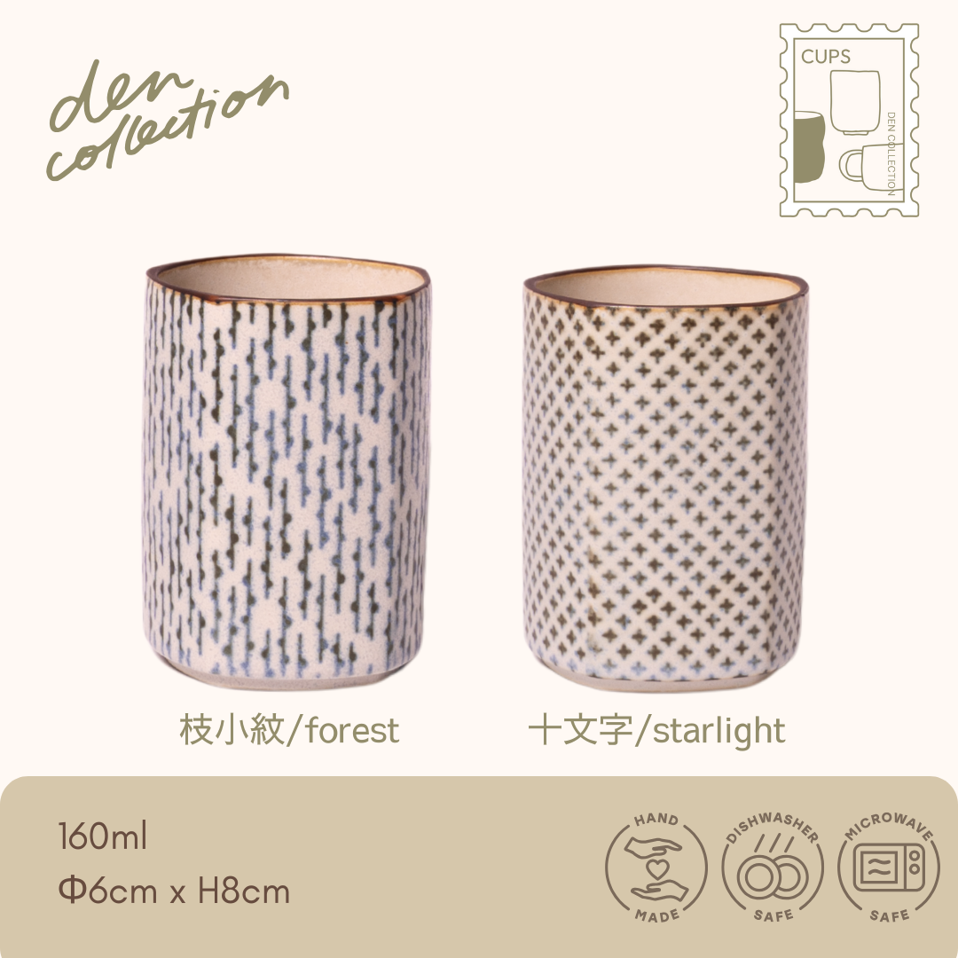 Pentagonal Tea Cup set with komon patterns: forest and starlight. Traditional Japanese dobankami technique. / 小紋茶器 五角湯呑 枝小紋・十文字の2柄セット。銅版紙技法で施された日本の伝統文様が美しい和風湯呑み。