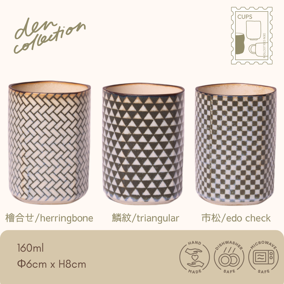 Pentagonal Tea Cup set with three komon patterns: herringbone, triangular, and edo check. Traditional Japanese dobankami technique. / 小紋茶器 五角湯呑 椿合わせ・鱗紋・市松の3柄セット。銅版紙技法で施された日本の伝統文様が特徴の和食器。