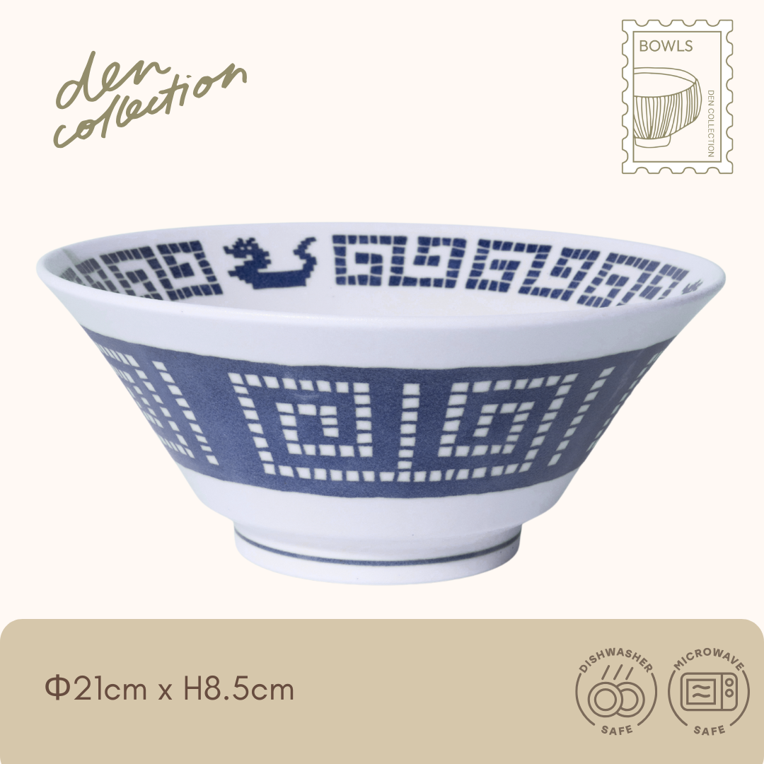Pixel Dragon Ramen Bowl, large flared ceramic bowl featuring pixel-style dragon and geometric ramen motif / ピクセルドラゴン反り丼 ドット絵の龍と雷紋風の幾何学模様が印象的な大ぶりの陶器ラーメン丼