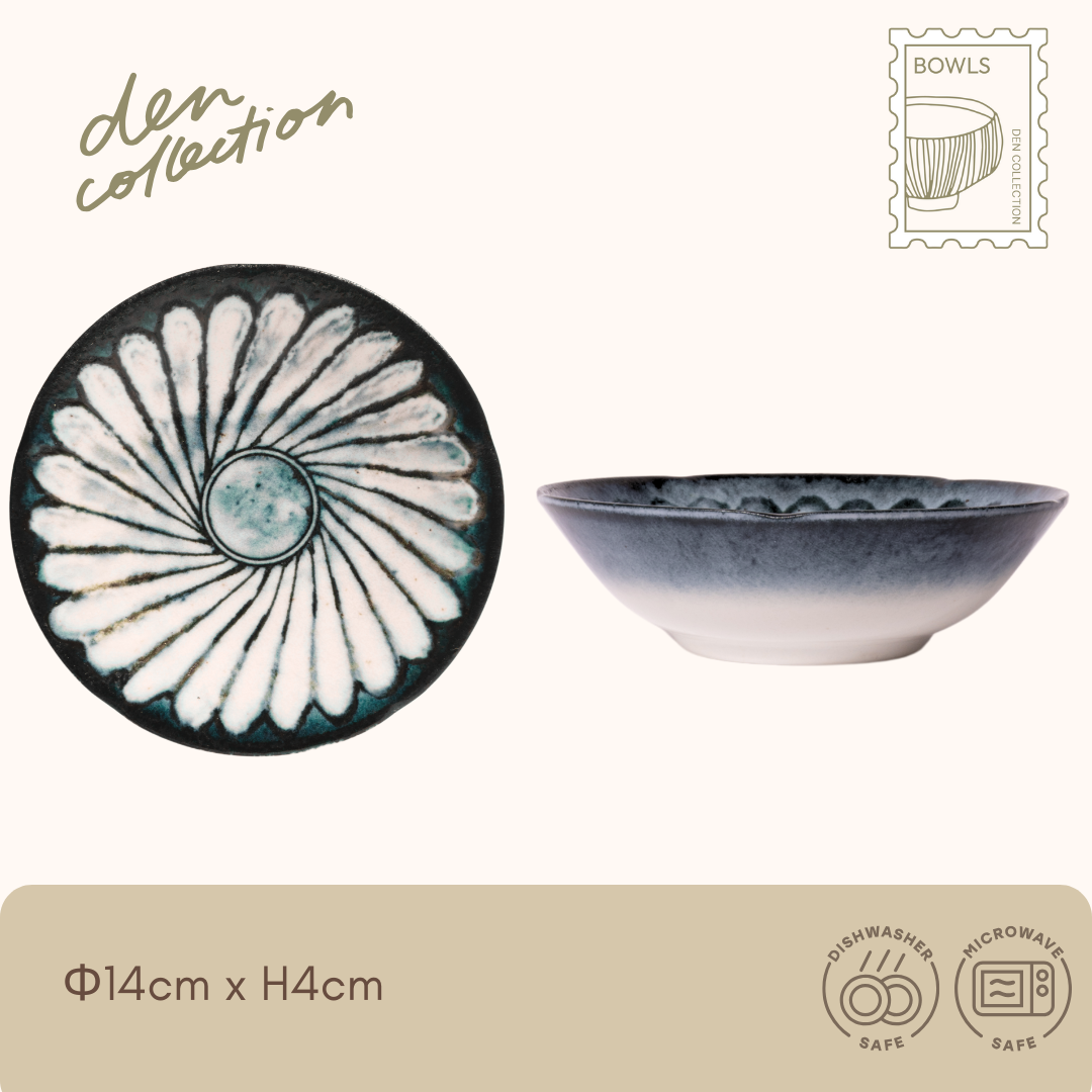 REIWA HANA Bowl – Elegant Japanese porcelain bowl featuring a radiant indigo floral pattern inspired by chrysanthemum petals. Perfect for soups, salads, or rice dishes. Dishwasher safe. / 菊の花びらをモチーフにした藍色の模様が美しい、日本製の磁器製Reiwa Hana ボウル。スープやサラダ、ご飯ものに最適。食洗機対応。