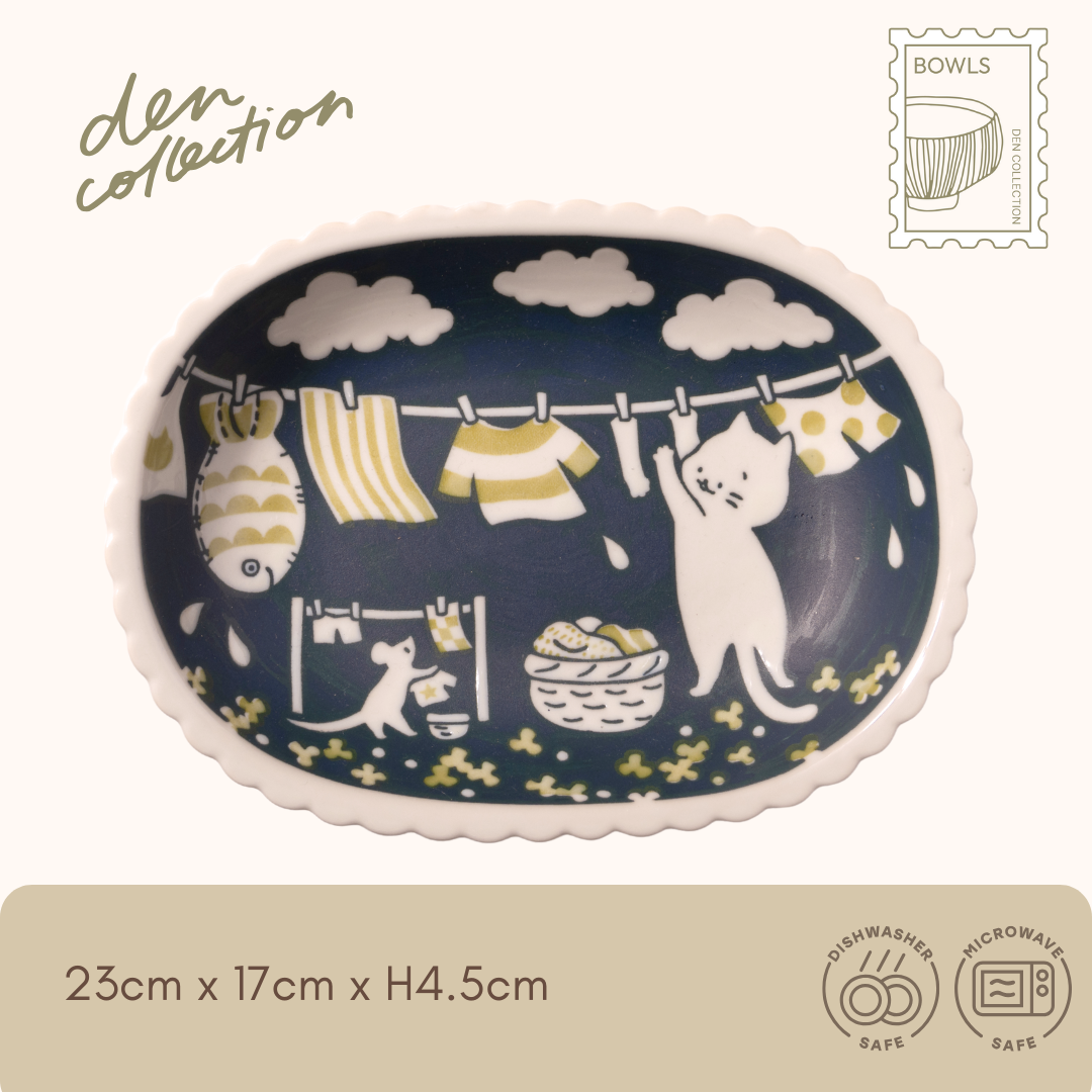 Shiro’s Holiday Bowl – laundry day, large oval ceramic bowl featuring a cat and mouse hanging laundry under the sky / シロの休日ボウル シロとお洗濯 空の下でネコとネズミが洗濯物を干す様子が描かれた楕円形の大きめ陶器ボウル