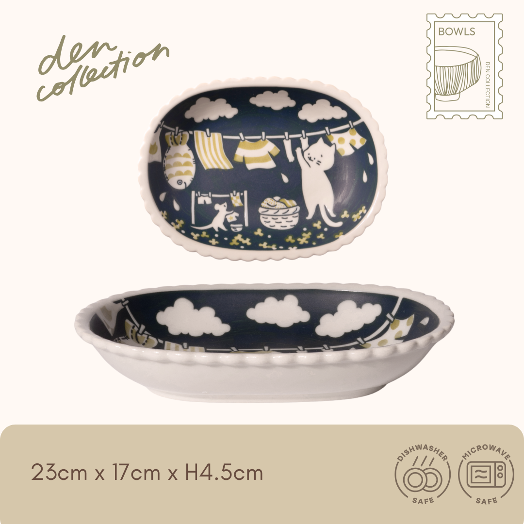 Shiro’s Holiday Bowl – laundry day, large oval ceramic bowl featuring a cat and mouse hanging laundry under the sky / シロの休日ボウル シロとお洗濯 空の下でネコとネズミが洗濯物を干す様子が描かれた楕円形の大きめ陶器ボウル
