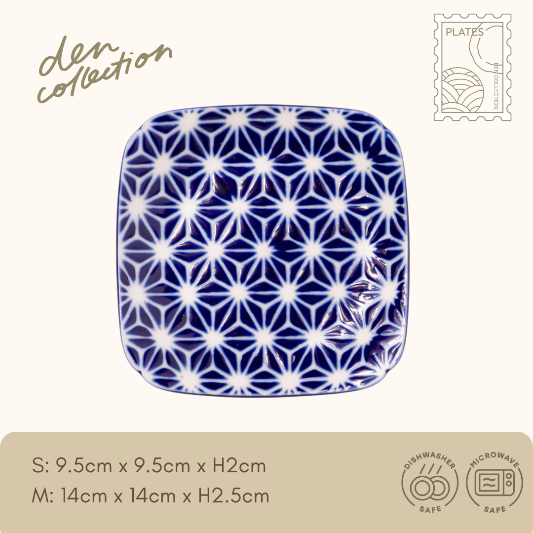 Wa‑Mon Square Plate – Asanoha hemp leaf pattern in indigo blue Japanese ceramic square plate. Symbolizes growth, protection, and healthy development.  
藍和紋角皿(麻の葉柄)。藍色の麻の葉文様が描かれた日本製角皿。成長と健康、魔除けの意味を持つ吉祥柄です。