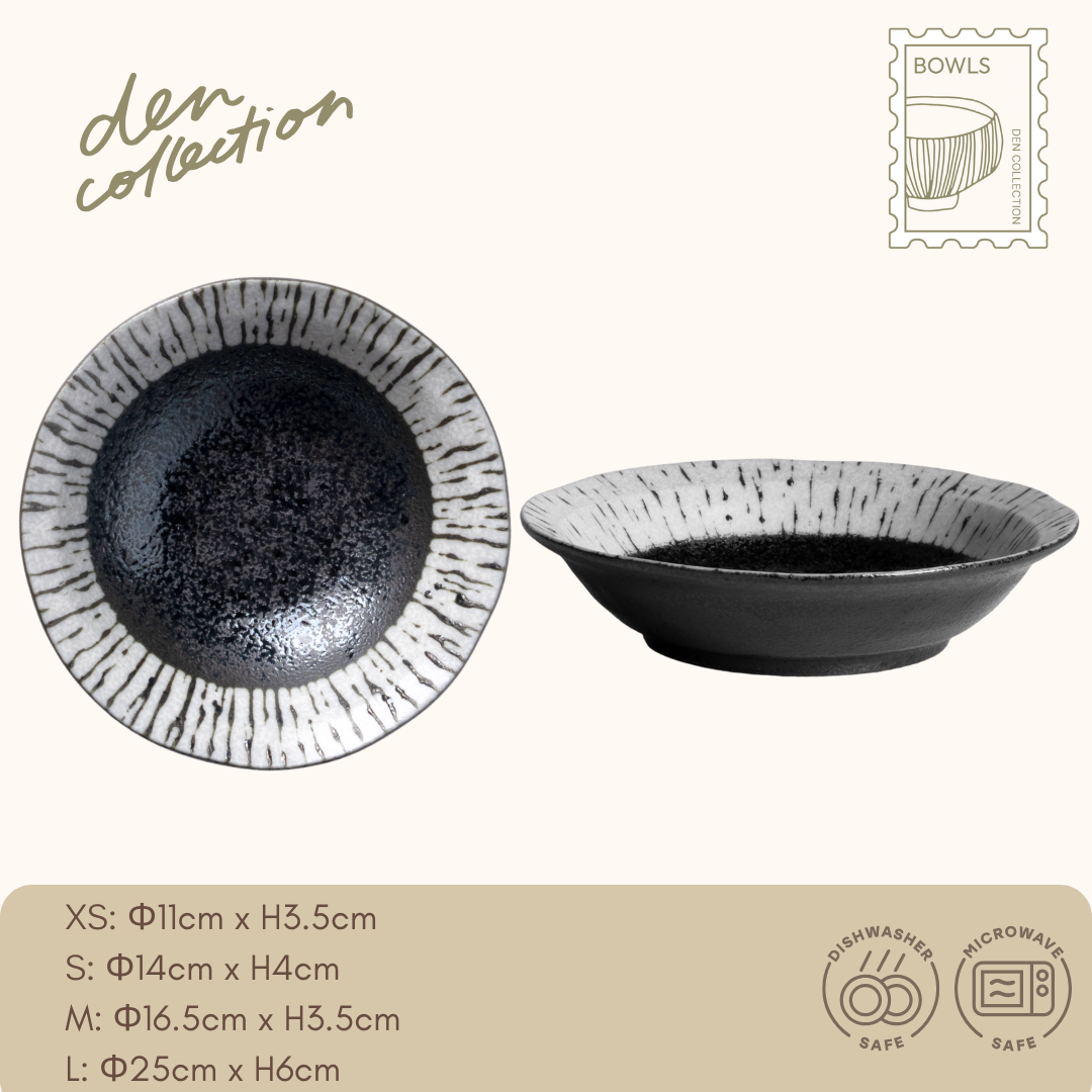 Zen Brush Stripe Shallow Bowl – a shallow bowl featuring elegant brushstroke-inspired stripes in monochrome, blending traditional Japanese aesthetics with modern form. 墨絵の筆跡を思わせるストライプ模様が美しい、和モダンな浅鉢タイプ。