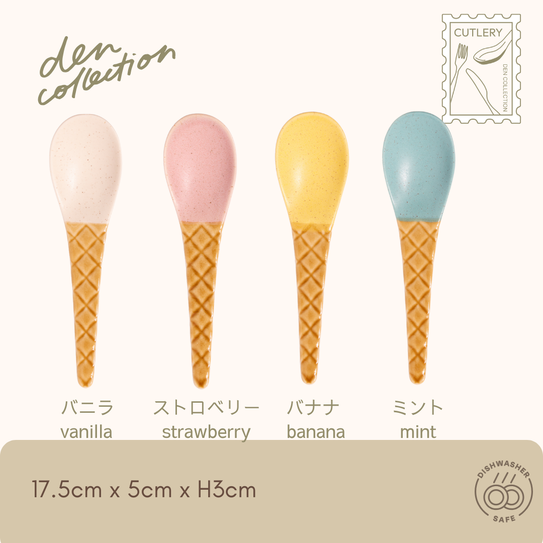 Choco-Chip Ice Cream Spoons – Set of four ceramic spoons in pink, blue, green, and yellow, featuring chocolate chip glaze inspired by real ice cream. Handcrafted with layered glazing technique. ちょこちっぷレンゲスプーン4色セット（ピンク・ブルー・グリーン・イエロー）。本物のアイスクリームのようなチョコチップ釉薬が施された陶器製スプーン。