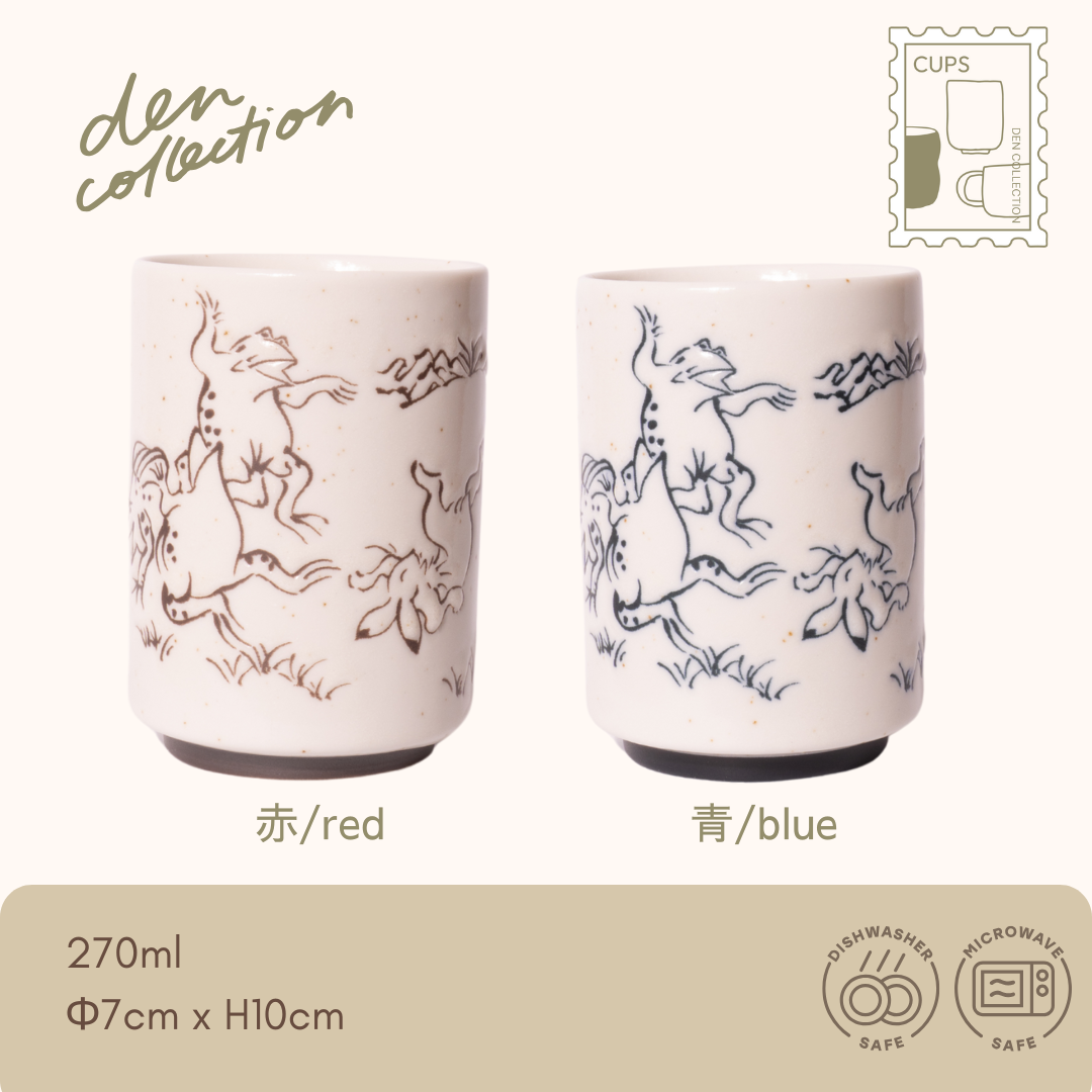 Choju-Giga Tea Cups – Japanese porcelain cups featuring playful animal caricatures from the famous Choju-giga scrolls in red and blue. Ideal for green tea or daily use. Microwave and dishwasher safe. / 赤と青の鳥獣戯画が描かれた、日本製の磁器製湯呑み。ユーモラスなウサギとカエルの絵が魅力的。電子レンジ・食洗機対応。
