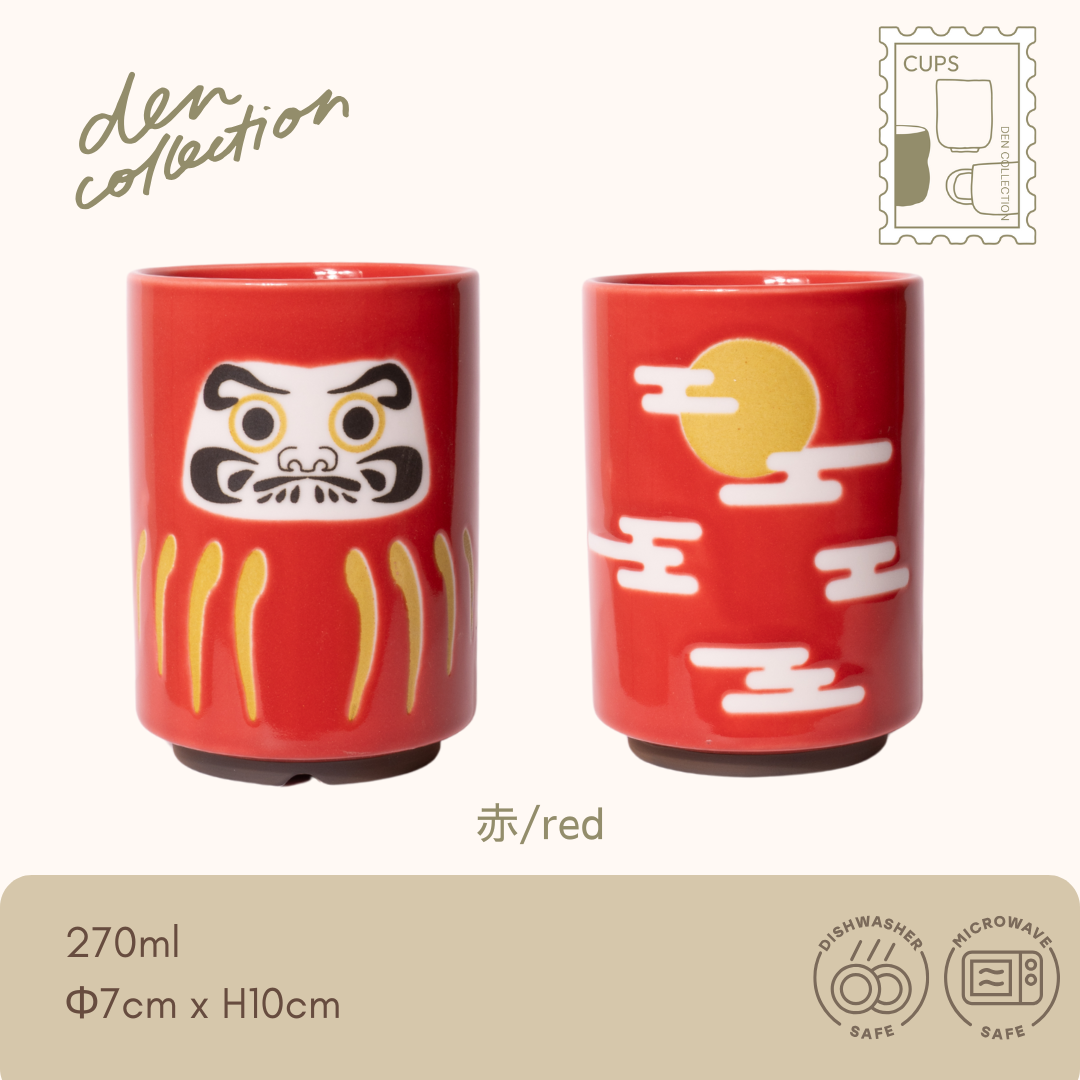 Daruma Spirit Tea Cup in red – Japanese yunomi with traditional daruma design symbolizing perseverance and good luck. Porcelain, microwave and dishwasher safe. / 赤いだるま柄の湯呑み。努力と運を象徴する日本の縁起物。磁器製で電子レンジ・食洗機対応。