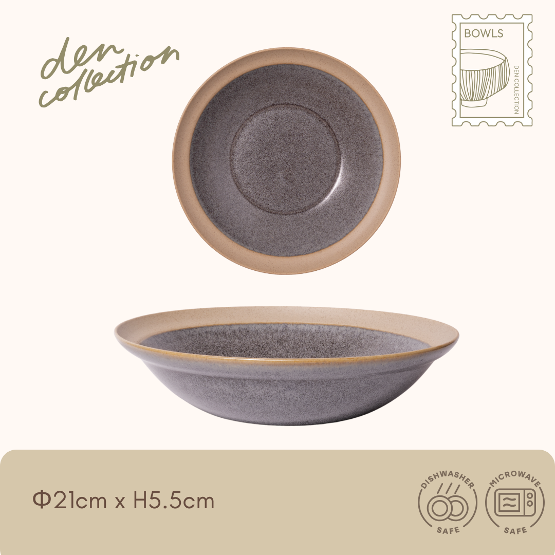 Earth Tone Shallow Bowl in matte gray with raw-textured rim, wide 21cm design perfect for salads and soups / アーストーン軽量浅鉢（グレー）マットな質感と素地リムが特徴の21cm浅型うつわ。サラダやスープに最適