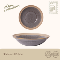 Earth Tone Shallow Bowl in matte gray with raw-textured rim, wide 21cm design perfect for salads and soups / アーストーン軽量浅鉢（グレー）マットな質感と素地リムが特徴の21cm浅型うつわ。サラダやスープに最適