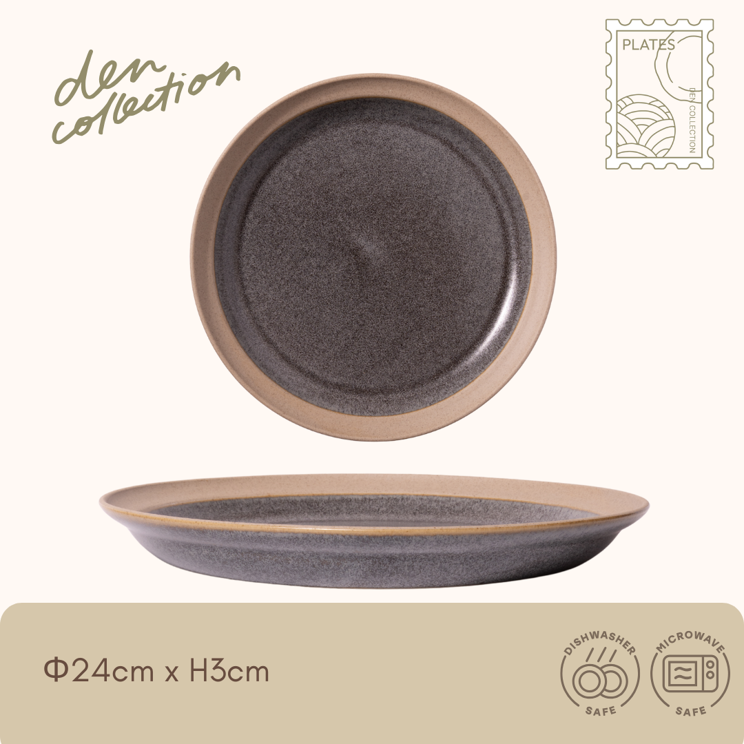 Earth Tone Plate in matte gray with natural unglazed rim, 24cm flat plate ideal for main dishes or breakfast / アーストーンプレート（グレー）マットな質感と素地のリムが特徴の24cmプレート。メインや朝食にぴったり