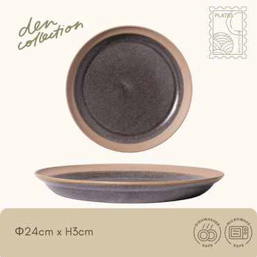 Earth Tone Plate in matte gray with natural unglazed rim, 24cm flat plate ideal for main dishes or breakfast / アーストーンプレート（グレー）マットな質感と素地のリムが特徴の24cmプレート。メインや朝食にぴったり