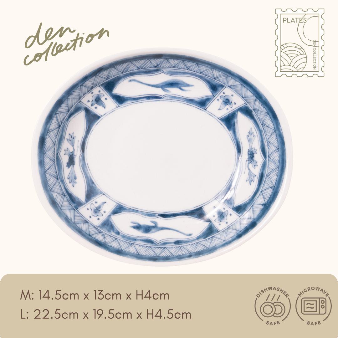 Edo Dino Oval Plate with classic indigo patterns and a hidden swimming dinosaur motif. The oval shape and gentle depth make it perfect for curries, pasta, or stews. / 江戸っ子恐竜 水竜 楕円皿。伝統的な藍の絵柄の中に恐竜が泳ぐ、遊び心あるデザイン。楕円形と深さでカレーや煮込み料理にも最適。