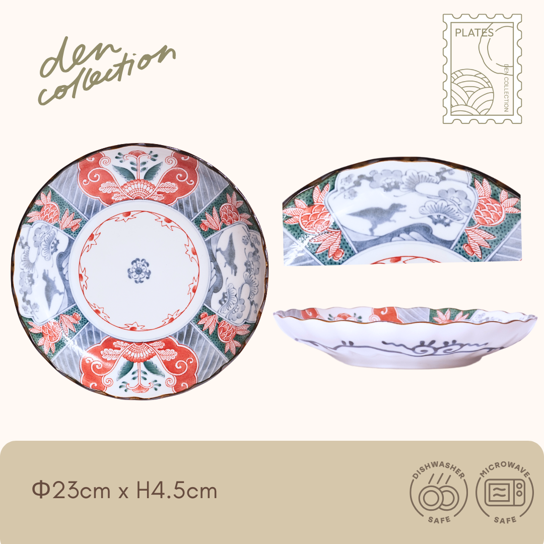 Edo Dino Plate detail showing top, side, and rim views. Traditional Ko-Imari-inspired design with plum blossoms, floral edges, and a hidden dinosaur illustration. / 江戸っ子恐竜 良縁竜 大皿のディテール画像。上面・側面・縁のアップで、古伊万里調の文様や恐竜の絵柄、花形の縁取りがよくわかる構成。