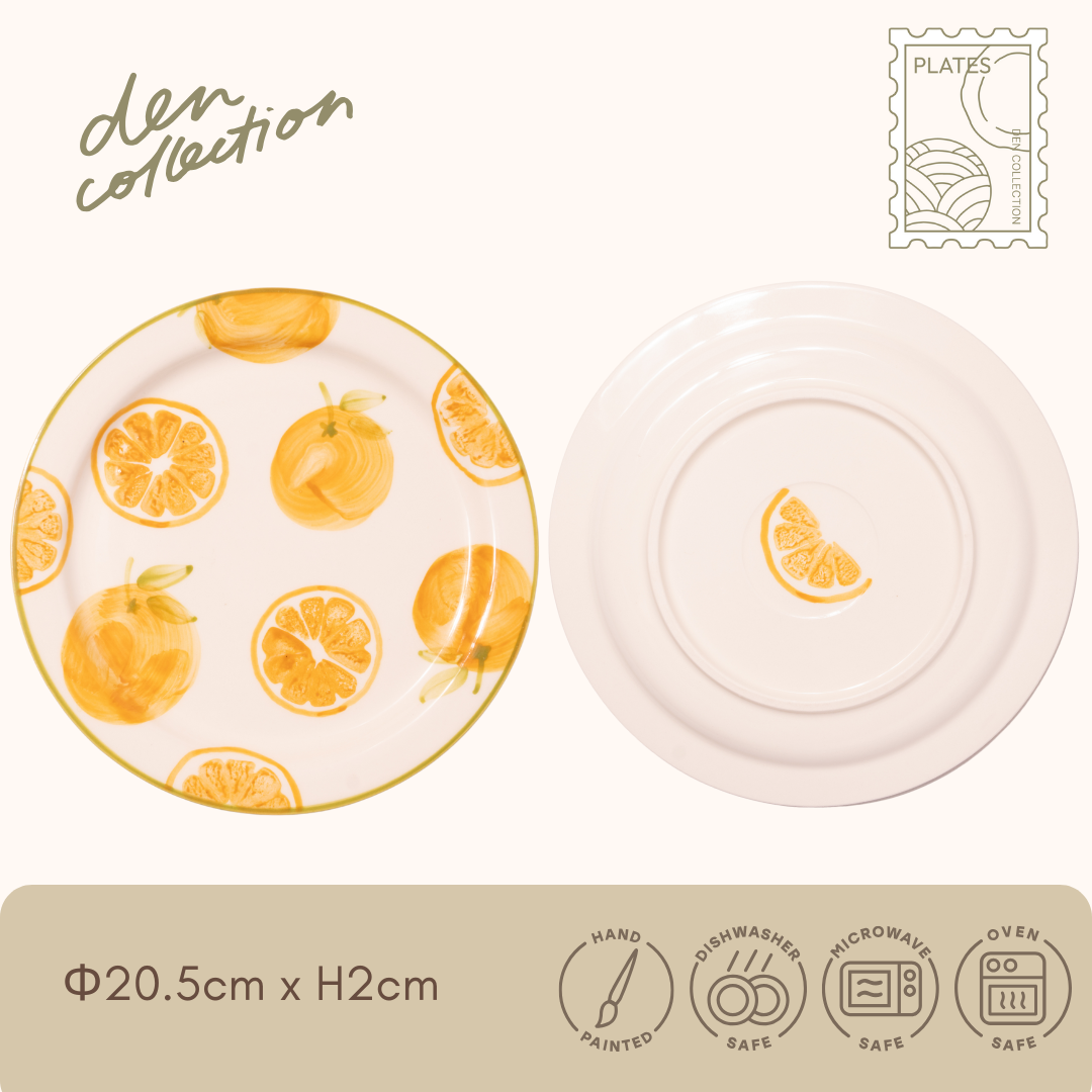 Fruity Basket Plate – Orange design with hand-painted slices and whole fruit, cheerful and bright. / フルーティバスケットプレート – 手描きのスライスと丸ごとのオレンジが描かれた、明るく元気なデザイン。