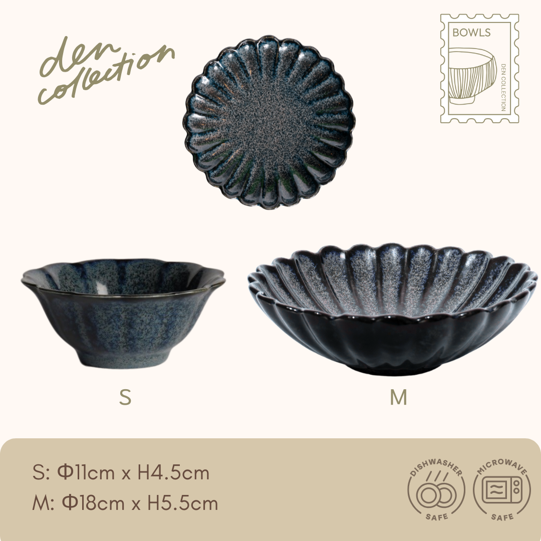 Hanazara Bowl deep blue – a navy flower bowl with rustic glaze and elegant presence / 深みのあるネイビーの花型ボウル。味わい深い釉薬で食卓を引き締める上品なうつわ。