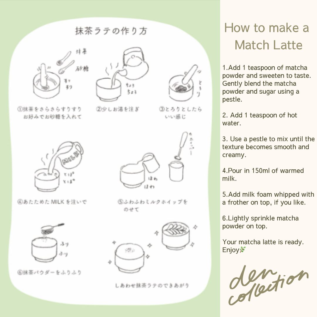 How to make a matcha latte – illustrated step-by-step guide with instructions in Japanese and English. Includes mixing, frothing, and serving tips.  
抹茶ラテの作り方イラスト。抹茶パウダーとミルクの混ぜ方から仕上げまでを、英語と日本語で解説したステップガイド。