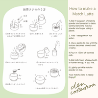 How to make a matcha latte – illustrated step-by-step guide with instructions in Japanese and English. Includes mixing, frothing, and serving tips.  
抹茶ラテの作り方イラスト。抹茶パウダーとミルクの混ぜ方から仕上げまでを、英語と日本語で解説したステップガイド。