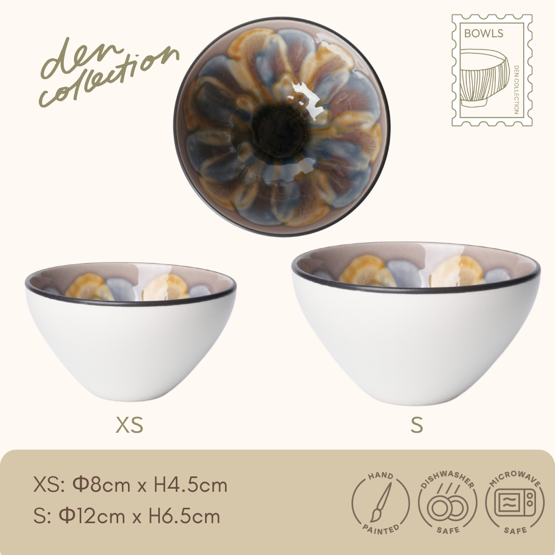 Marble Blossom Bowl in purple – 8cm/12cm handmade Japanese Mino ware with crystalline glaze. Mulberry color for an elegant setting.  
マーブルボウル（ムラサキ）。8cm/12cmの手作り美濃焼。結晶釉が美しく、深みのあるムラサキ色が上品な印象を与えます。