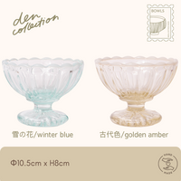 廣田硝子の丸フラッペボウル – 雪の花（冬の青）と古代色（黄金琥珀）の2色セット。昭和時代の金型を使用し、手作業で仕上げられたレトロモダンなガラス器。デザートやかき氷に最適な日本製の脚付きボウル。
