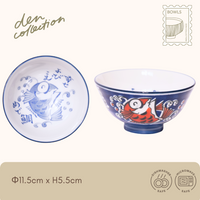 Medetai Rice Bowl – Navy blue Mino ware porcelain bowl featuring a hand-painted red sea bream (tai) using the icchin technique. Symbolizes good fortune and celebration. めで鯛茶碗（紺）– 美濃焼の磁器製ご飯茶碗。いっちん技法で描かれた赤い鯛の絵柄が縁起の良さを表現しています。