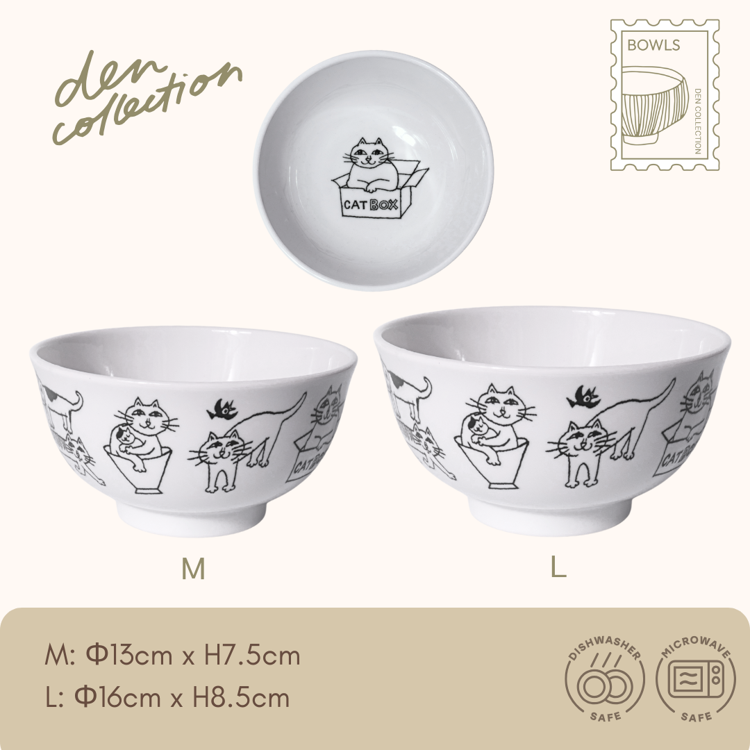 Meownderful Donburi Bowl, ceramic rice bowl with playful cat illustrations on the outside and a cat-in-box design inside / ミャウンダフルどんぶり 外側に遊び心あるネコたちの線画、内側に箱入りネコが描かれた陶器の丼ぶり