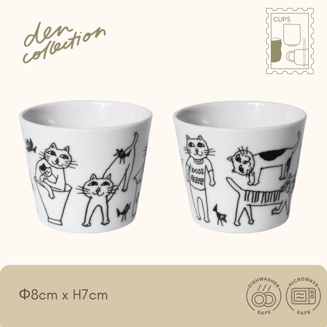 Meownderful Versatile Cup, ceramic cup with playful cat illustrations in black and white, suitable for tea, desserts, or sauces / ミャウンダフル フリーカップ モノトーンで描かれたネコの絵柄が特徴の陶器カップ。お茶・デザート・そば猪口など多用途に使える
