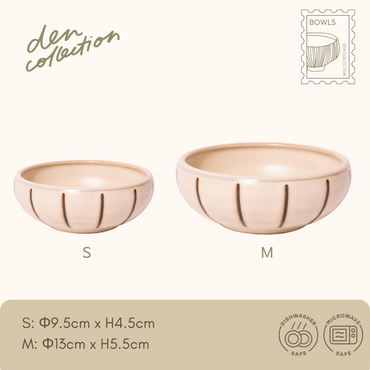 Monochrome Stripe Bowl in ivory & brown, available in S and M sizes. Features clean vertical stripe relief for a simple and elegant look. / アイボリー＆ブラウンのストライプボウル。S・Mサイズ展開。縦ストライプのレリーフが施された、シンプルで上品な印象の器。