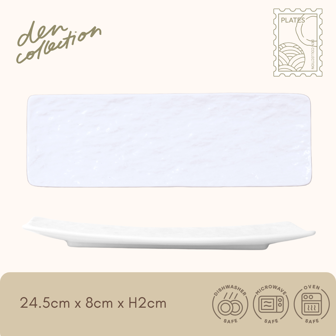 Noir Slate Rectangular Plate in white – a modern rectangular plate with a clean, stone-like finish. 爽やかな白色のスレート細角プレート、料理を引き立てるシンプルな美しさ。