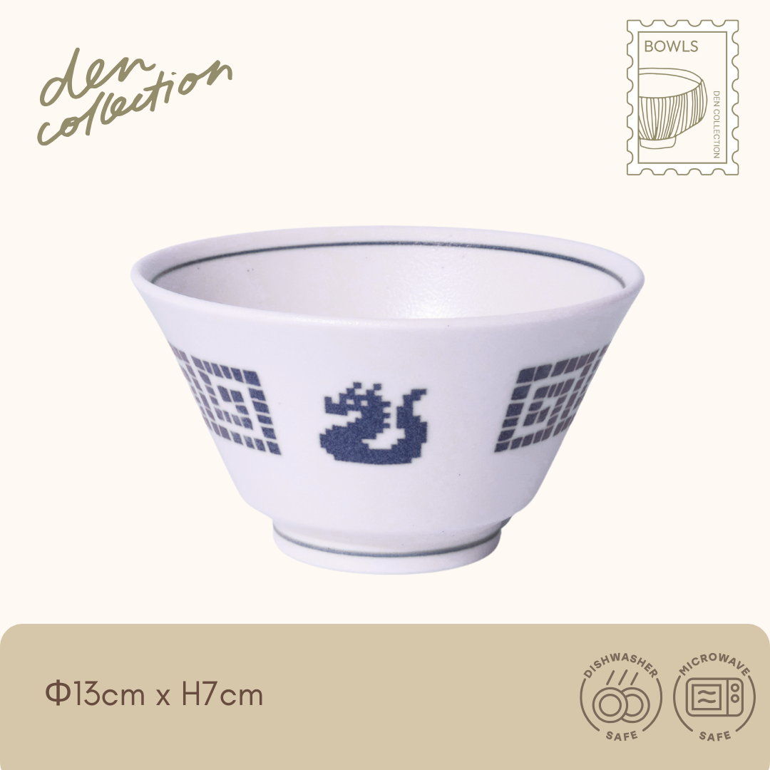 Pixel Dragon Rice Bowl, small porcelain bowl with pixel-style dragon and geometric ramen motif / ピクセルドラゴン茶碗 ドット絵の龍と雷紋風の幾何学模様が施された磁器のご飯茶碗