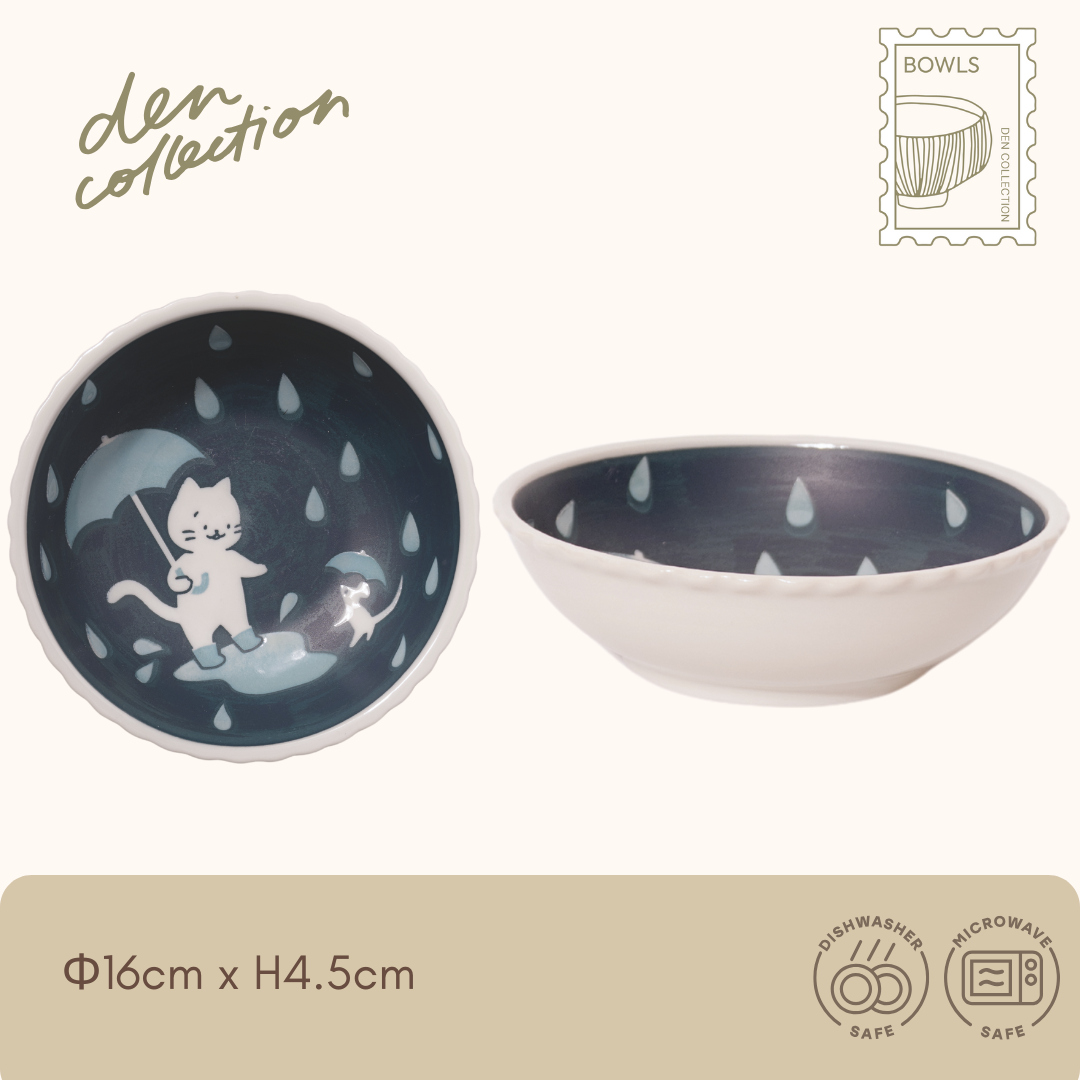 Shiro no Kyuujitsu Bowl – rainy day design with a cat holding an umbrella. Gentle and charming rainy weather scene.  
シロの休日ボウル（雨の日のお散歩）。傘をさして散歩する猫が描かれた、癒される雨の日のデザイン。