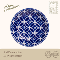 Wa-Mon Round Plate – Seven Treasures (Shippo) pattern Japanese ceramic plate in indigo. 藍和紋丸皿（七宝柄）。調和と豊穣を意味する縁起の良い和柄です。