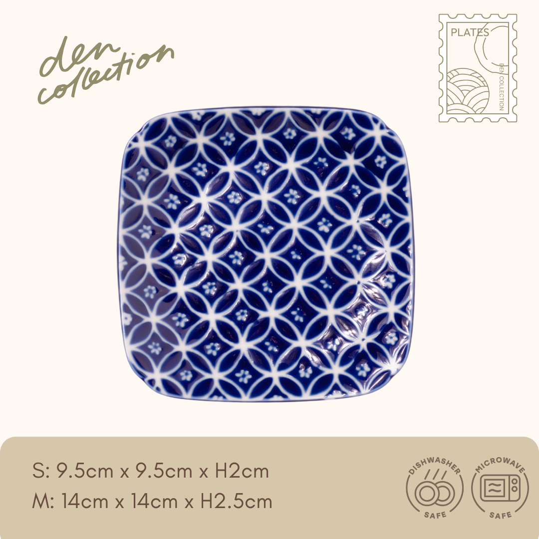 Wa‑Mon Square Plate – Shippo seven treasures circular pattern Japanese ceramic plate in indigo. Symbol of harmony, abundance, and spiritual connection.  
藍和紋角皿（七宝柄）。藍色の七宝文様を描いた日本製角皿。調和と豊穣、縁を紡ぐ吉祥文様として知られます。