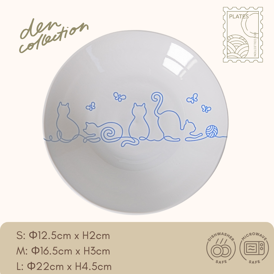 Wire Art Cat Plate in blue – Elegant blue cat line illustration on a round porcelain plate, crafted in traditional Mino ware. / ワイヤーキャットプレート 青色。青い線画の猫が描かれた、美濃焼の上品な丸皿。日常使いにもギフトにもおすすめ。