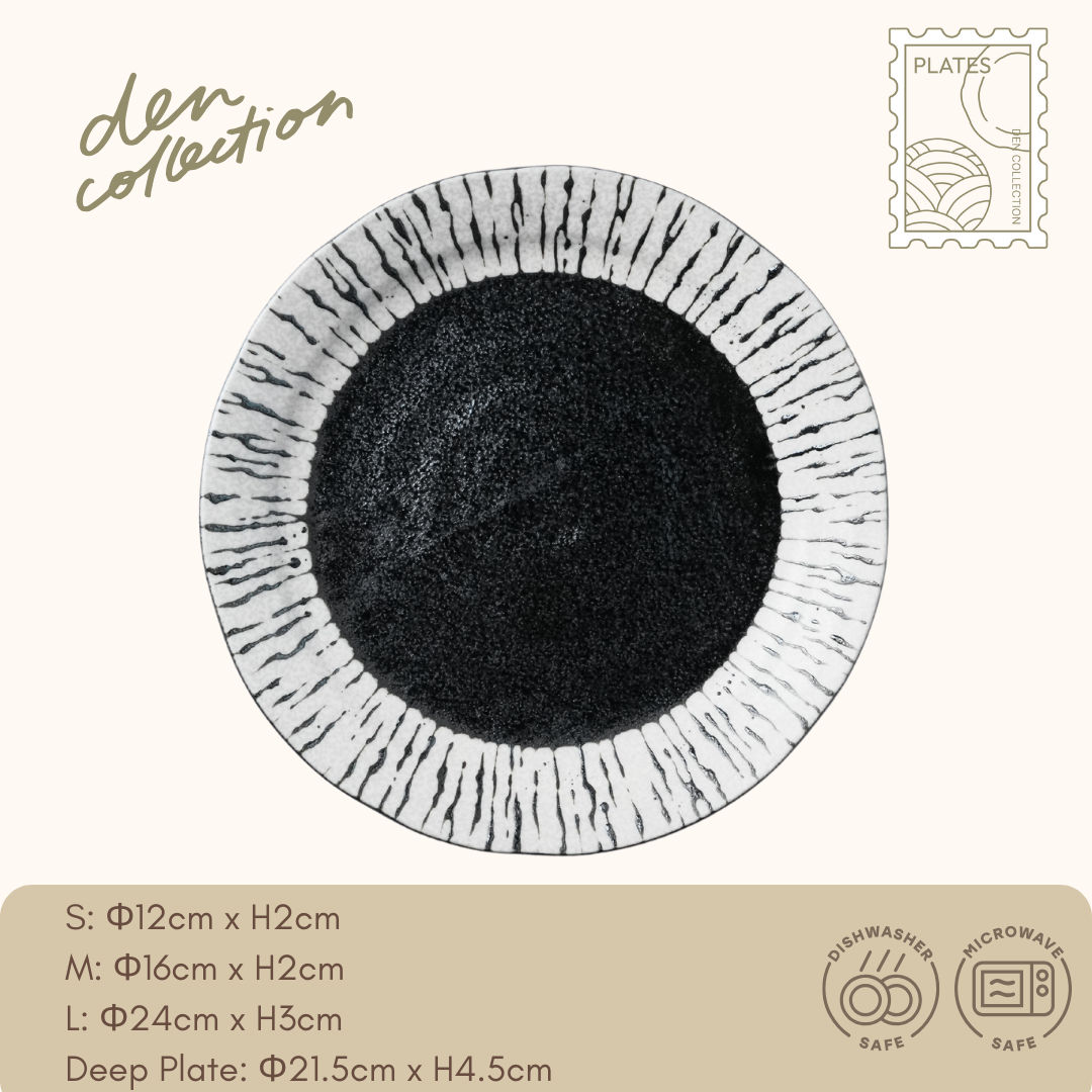 Zen Brush Stripe Plate – a modern plate inspired by Japanese ink wash painting, featuring hand-drawn stripe patterns and a refined monochrome finish. 墨絵から着想を得たストライプ模様とモノトーンの美しいコントラストが魅力のプレート。